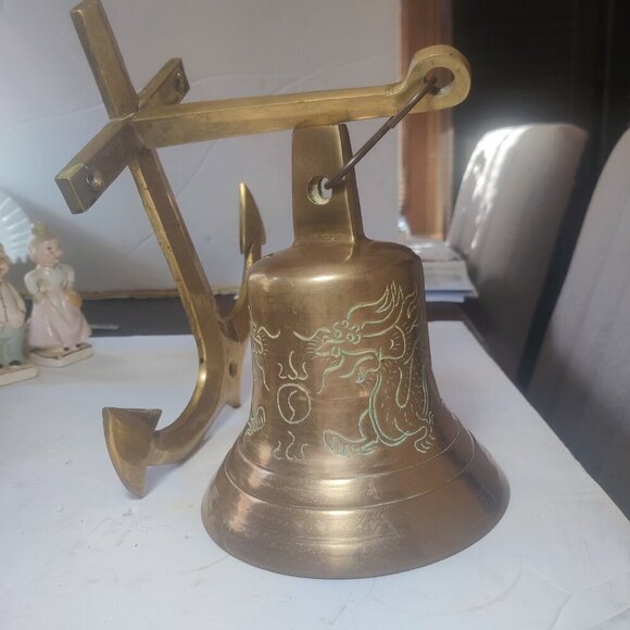 Large Asian Brass Bell and Anchor Set. Dragon Motif, Late 20th Century 7.5" tall - Picture 1 of 7